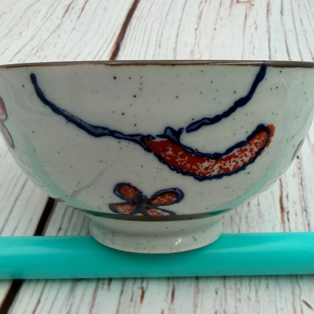 Japanese Iga-yaki Ceramic Cat Rice Bowl‎ Hand Painted Speckled Blue Orange 4.5